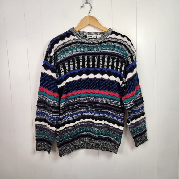 Vintage 3D Knit Coogi Style 90s Neon Knit Sweater Mens Streetwear Hip Hop retro - Picture 2 of 11